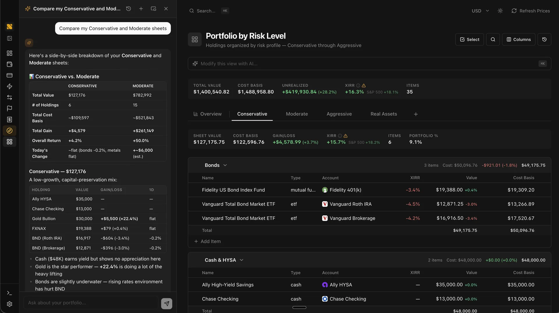 Ask Scout, the built-in AI, comparing two portfolio sheets in plain language